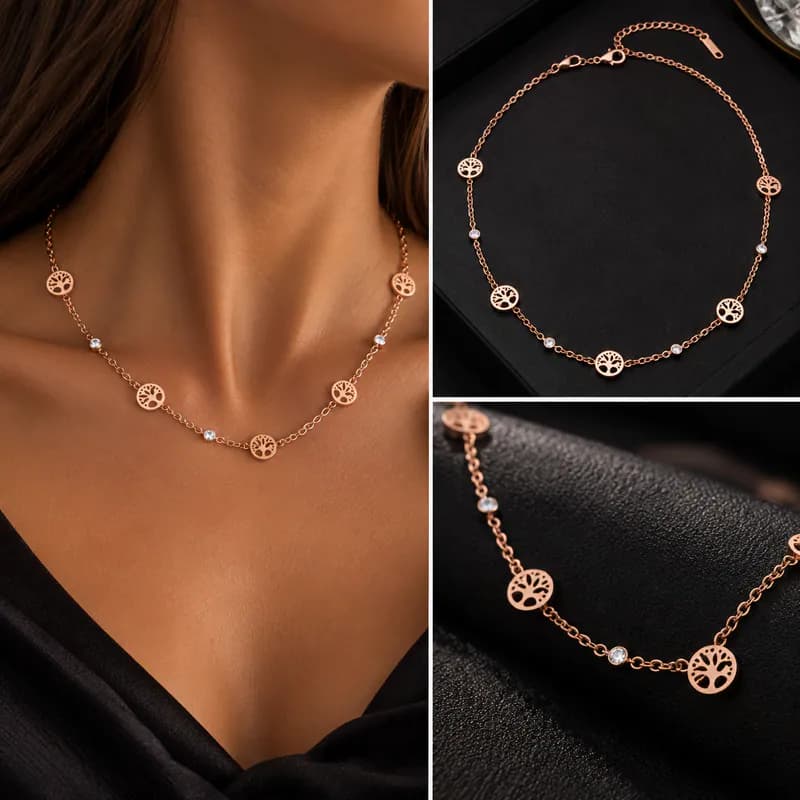 Edelstahl Halskette Roségoldfarben Lebensbaum Kette Tree of Life Strass Anhänger