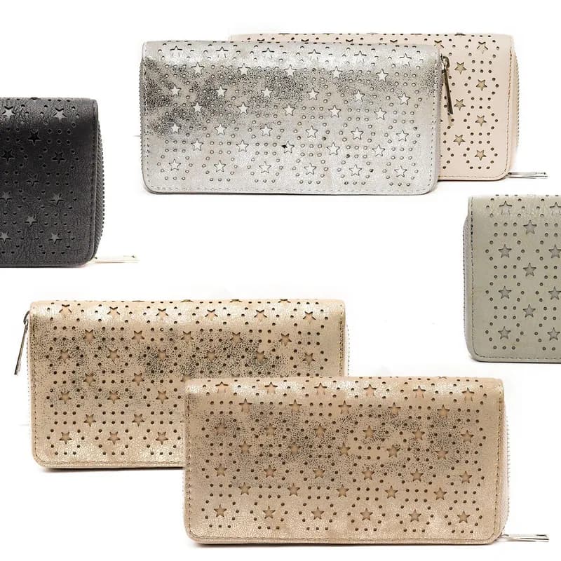 Damen Geldbörse Sterne Lochmuster Portemonnaie Lang Geldbeutel Beige Grau Wallet