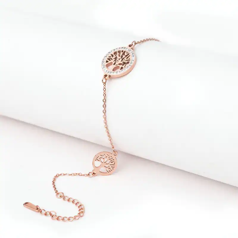 Armband Lebensbaum Rosegoldfarben Edelstahl 3 Anhänger Strass Damen Geschenk