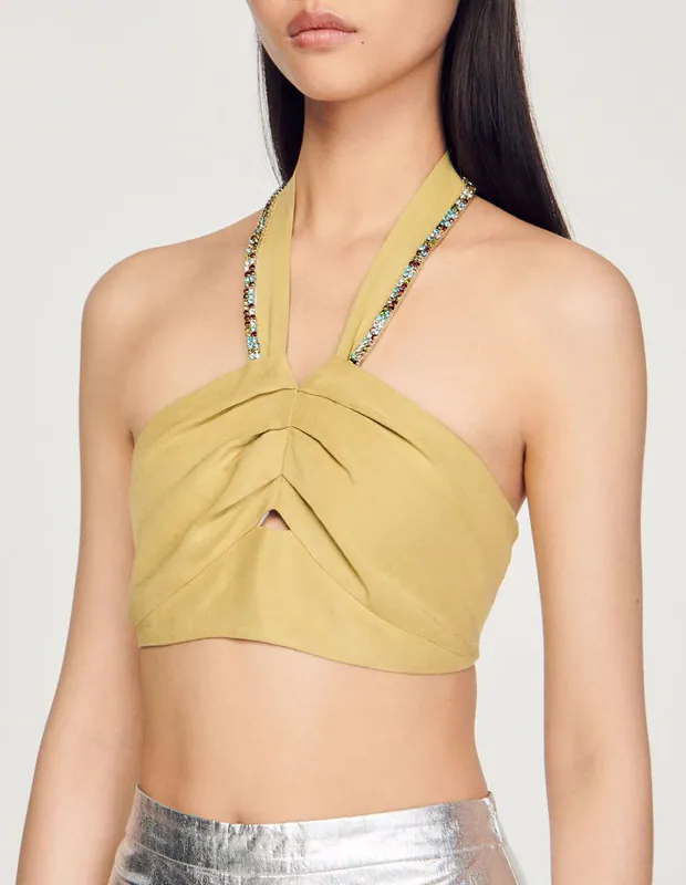 Sandro Top Khaki Gr. 36 FR / S Damen Leinentop Leine Cropped Oberteil SFPPU00591
