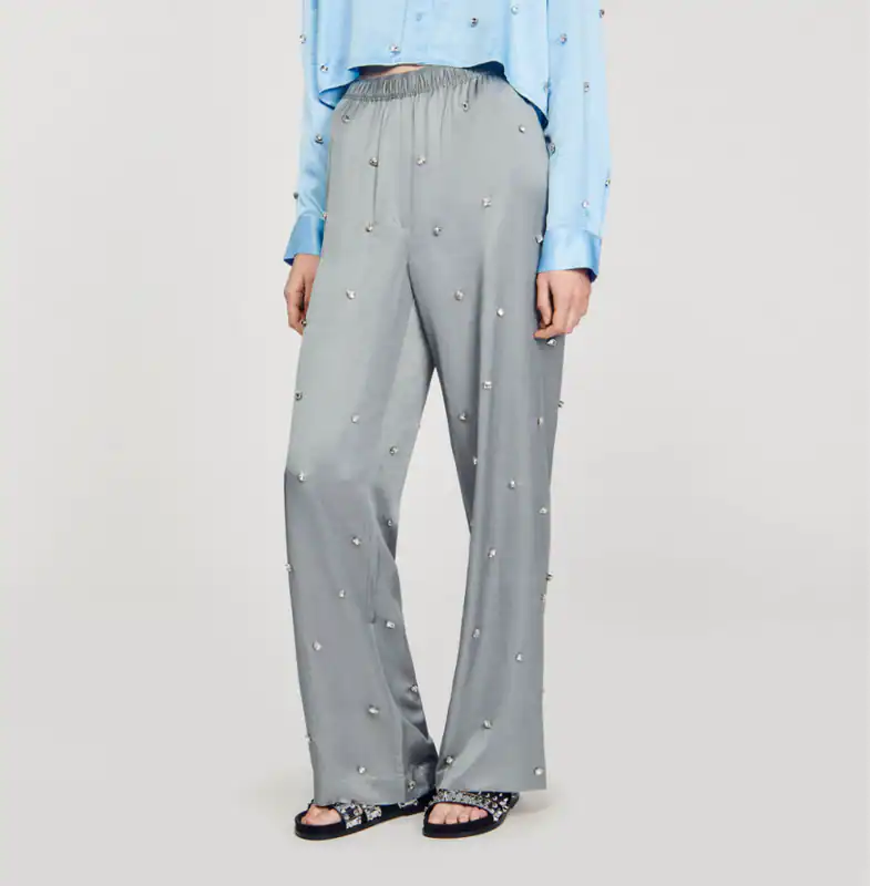 Sandro Hose Grau Leinen Gr. 36 FR Damen Weites Bein SFPPA01323