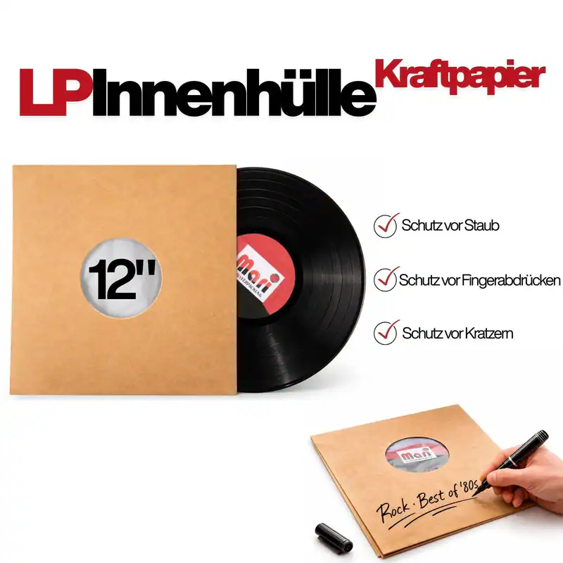 LP Innenhüllen Kraftpapier antistatisch Lochfutter Schallplatten 12 Zoll,25 Stk