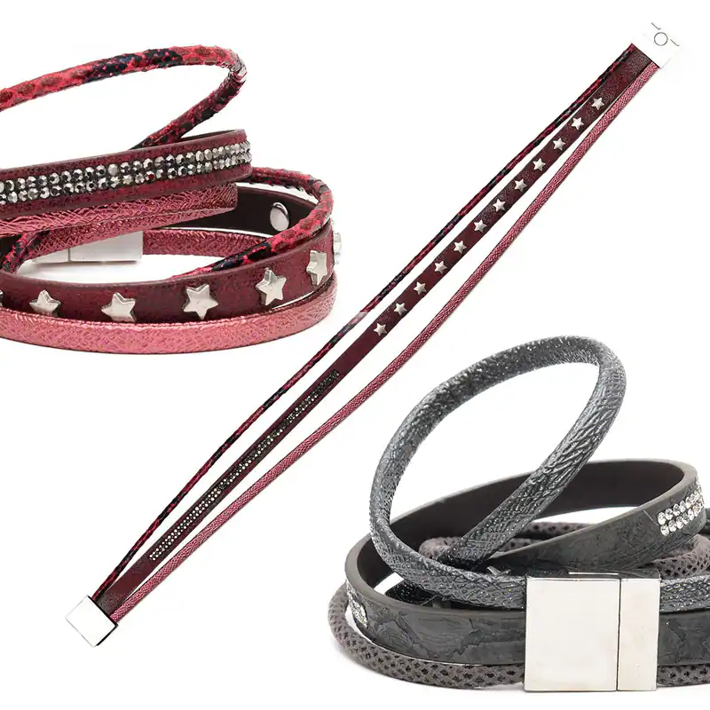 Armschmuck Wickelarmband Strass Stern-Nieten Leo-Look Magnetverschluss 3 Stränge