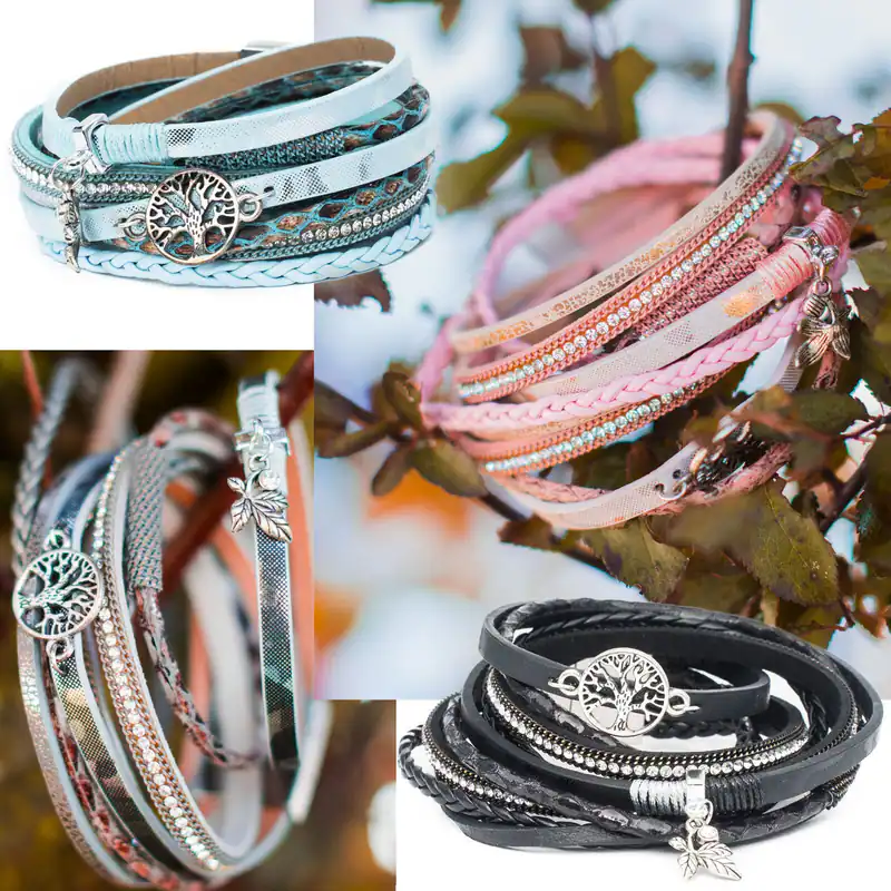 Wickelarmband Damen 5Stränge Strass Lebensbaum & Blatt Anhänger Magnetverschluss