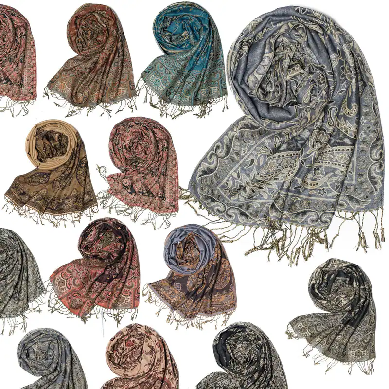 Schal Stola Halstuch mit Paisley Blumen Karo Fransenschal zweiseitig XXL Premium
