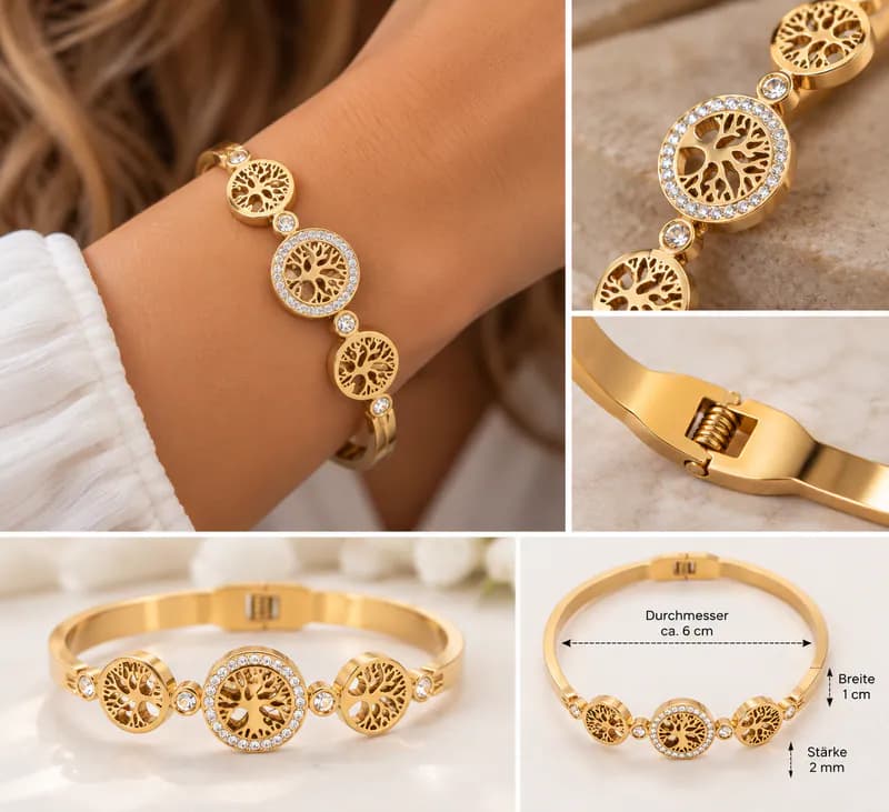 Edelstahl Armband Lebensbaum Goldfarben Strass Armreif Damen Klappverschluss