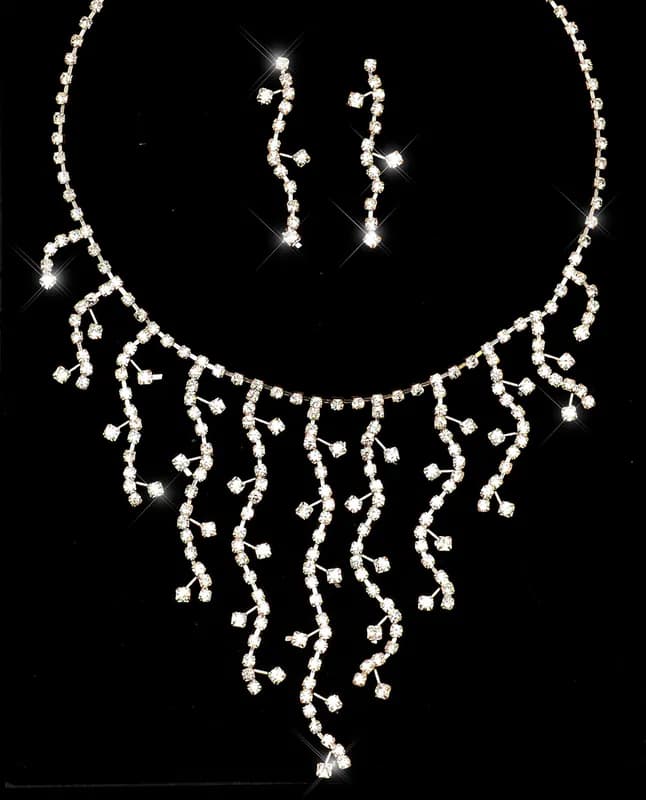 Schmuckset Collier Ohrringe Strass Wellen Muster Halskette Silberfarben Bling