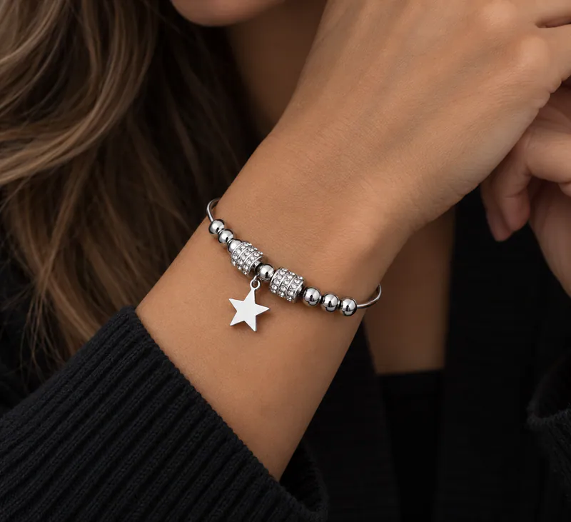Edelstahl Armband Armreif Strass Kugel Stern Anhänger verstellbar Silberfarben