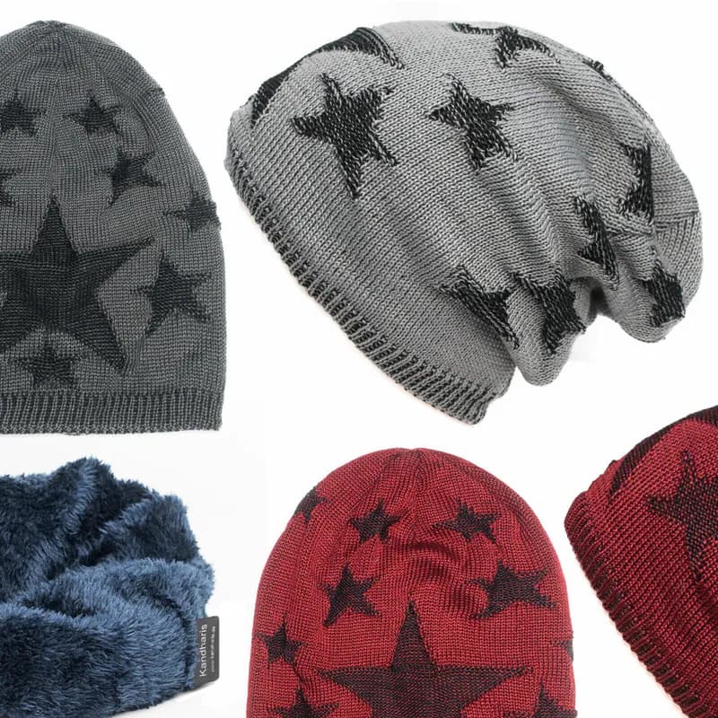 Strickmütze Sterne Muster Gefüttert Beanie Warm Slouch Wintermütze Damen Herren
