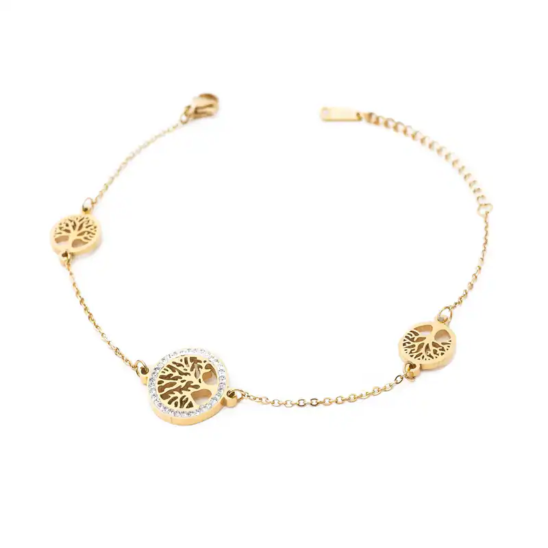 Armband Lebensbaum Goldfarbe Edelstahl 3 Anhänger Strass Damen Schmuck Geschenk