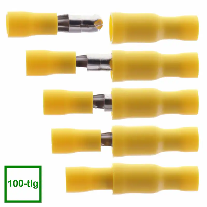100-tlg Rundstecker & Hülse Gelb Kabel Steckverbinder Stoßverbinder Kabelschuhe