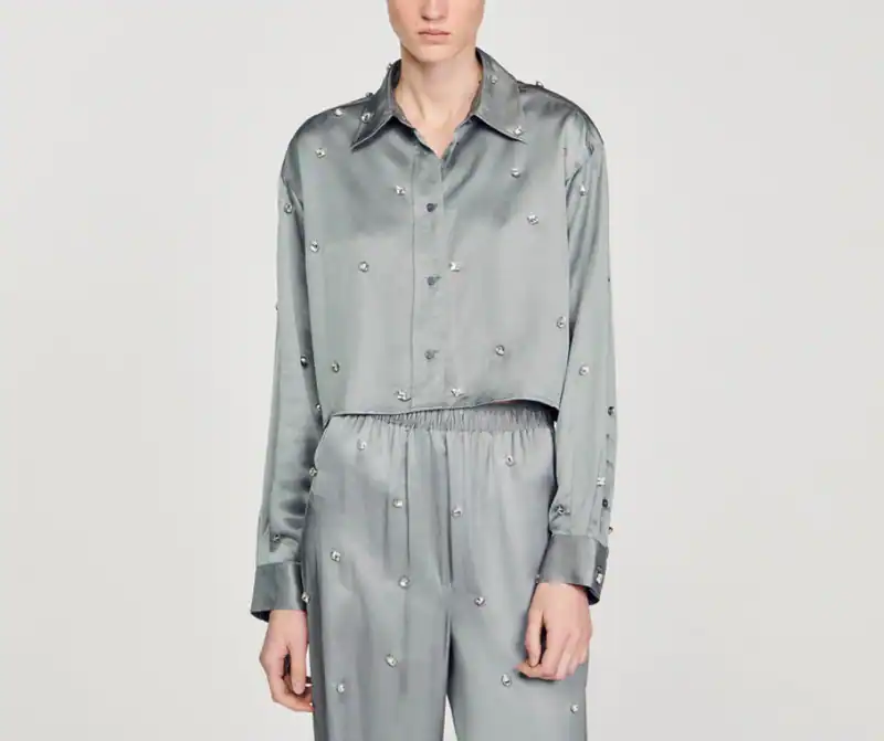 Sandro Paris Damen Bluse Grau Strass Leinen Viskose SFPCM01012 Gr. 1 S