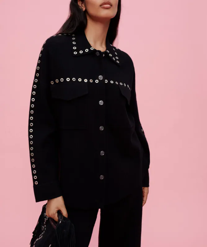 Maje Damen Strickjacke Schwarz Eyelets Wollmix MFPCA00240 Gr. 0 XS 34 6