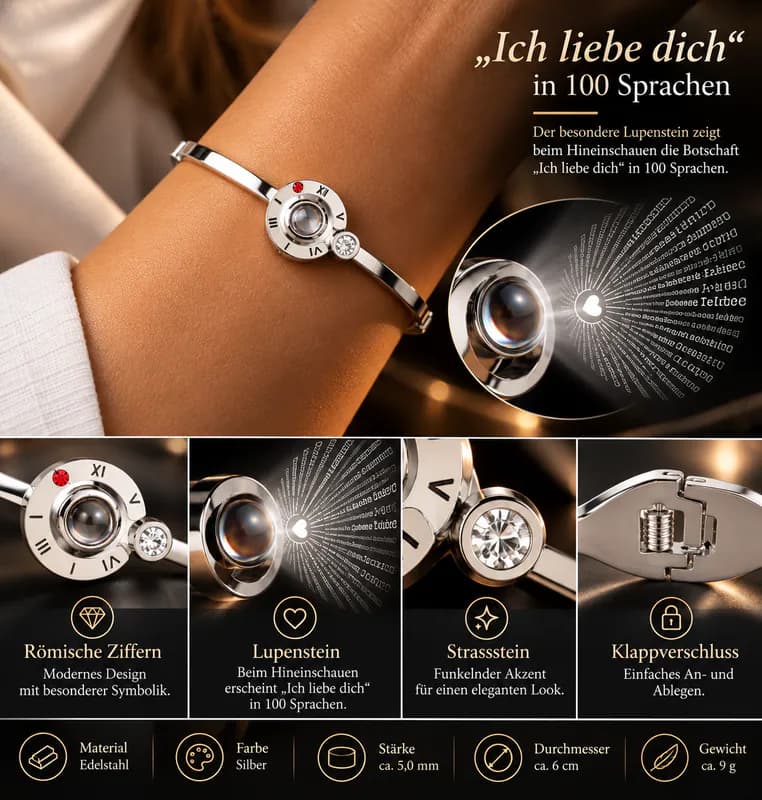 Edelstahl Armreif Damen „Ich liebe dich“ 100 Sprachen Lupenstein Geschenkidee