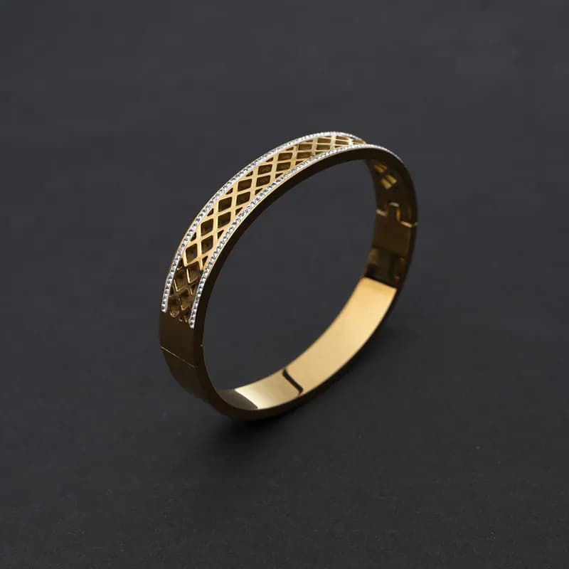 Edelstahl Armreif Goldfarben Strass Gitter-Design Klappverschluss Damen Armband