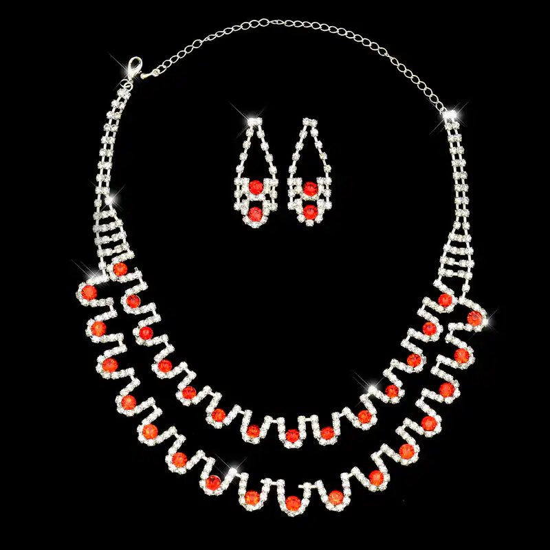 Brautschmuck Collier + Ohrringe Strasssteine Rot Silberfarben Schmuckset Braut
