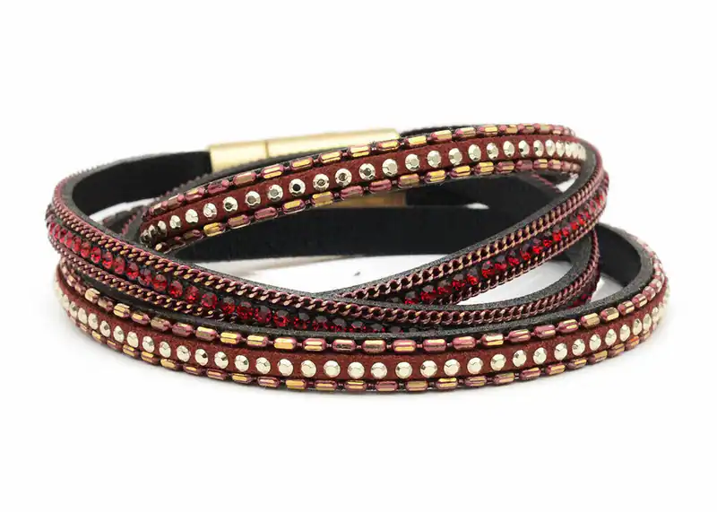 Wickelarmband Rot 2 Stränge mit Strass & Nieten Damen Armband Magnetverschluss