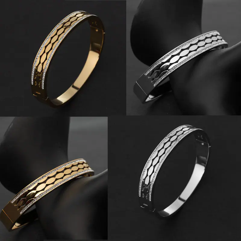 Damen Armreif Armband Edelstahl Elegant mit Wellen-Design Strass Armschmuck