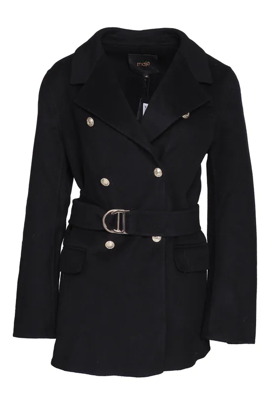Maje Wollmantel Schwarz Gürtel Gr. 40 L Damen Jacke MFPOU00903