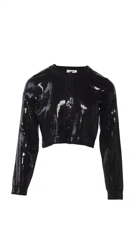 Sandro Strickjacke Schwarz Pailletten Cropped Gr. 38 FR Damen SFPCA00857