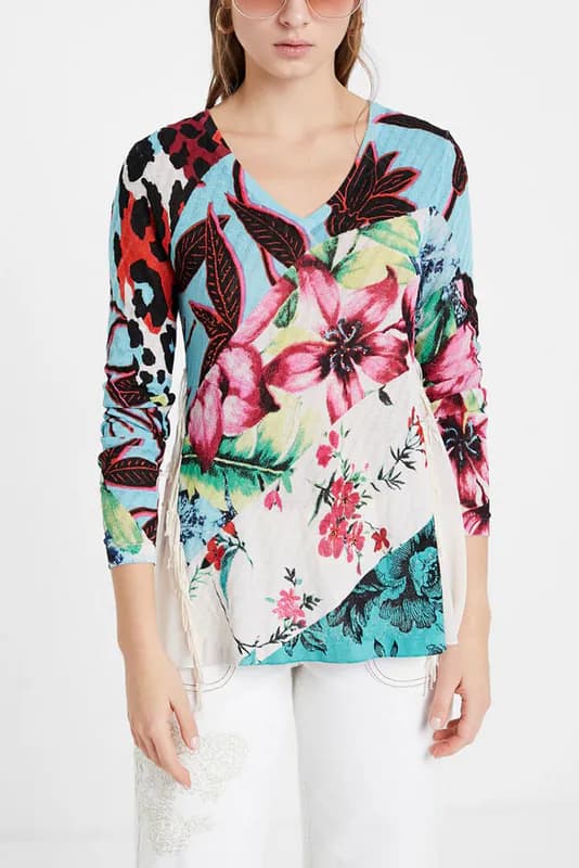 Desigual Damen Bluse Floral Rüschen Strass V-Ausschnitt M 20SWJF81