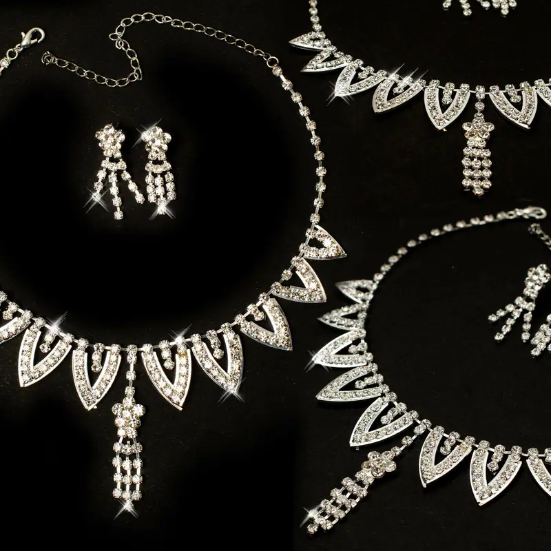 Schmuckset Collier Ohrringe Tropfen Halskette Silberfarben Strass Brautschmuck