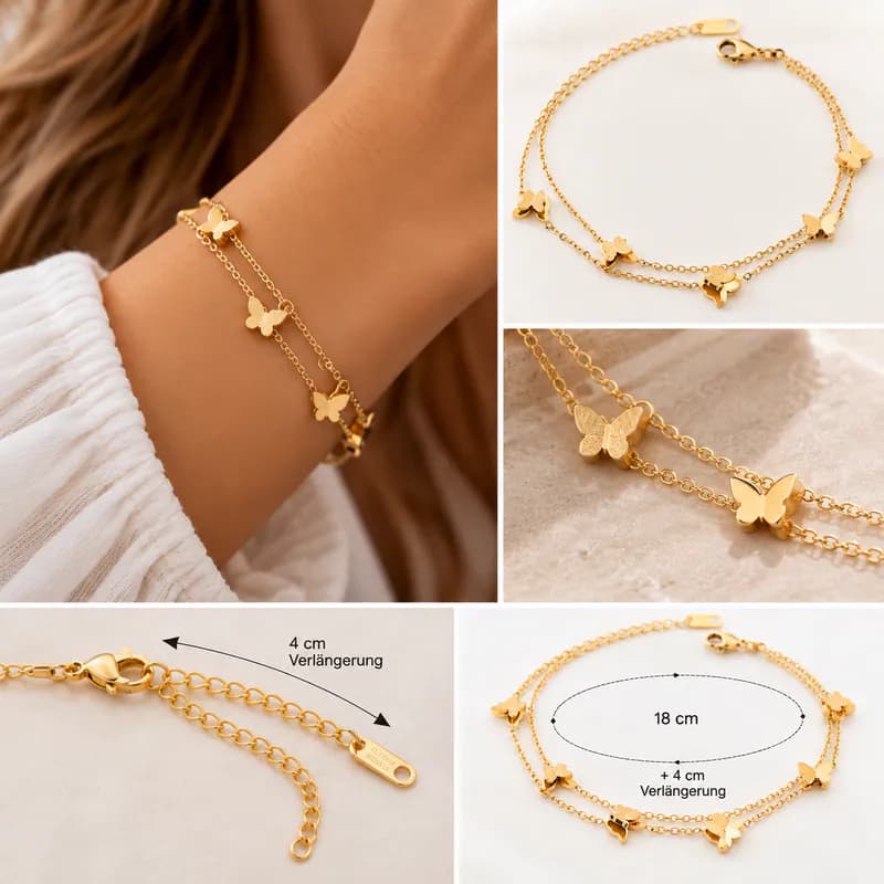 Edelstahl Armband Schmetterling Anhänger Goldfarben zweireihige Armkette Damen