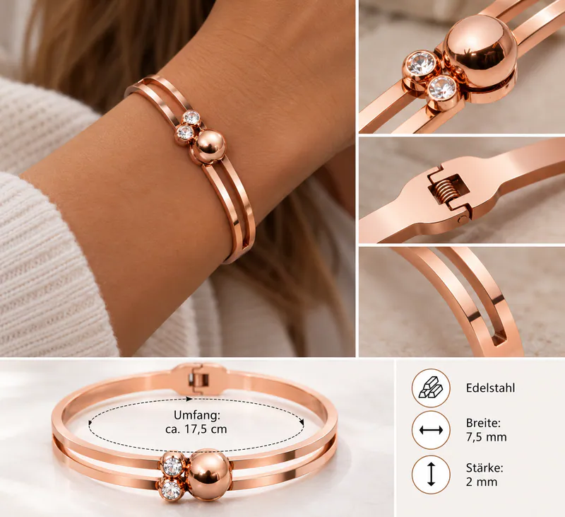 Damen Edelstahl Armband Strass Zirkonia Armreif Klappverschluss Roségoldfarben