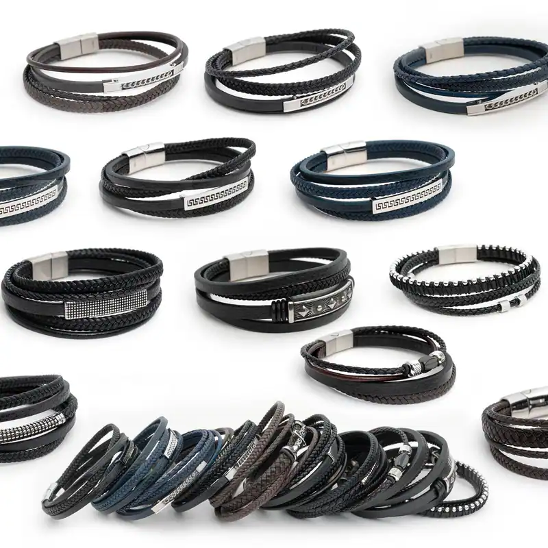 Herren geflochtenes Lederarmband Leder Edelstahl Magnetverschluss Schwarz Braun