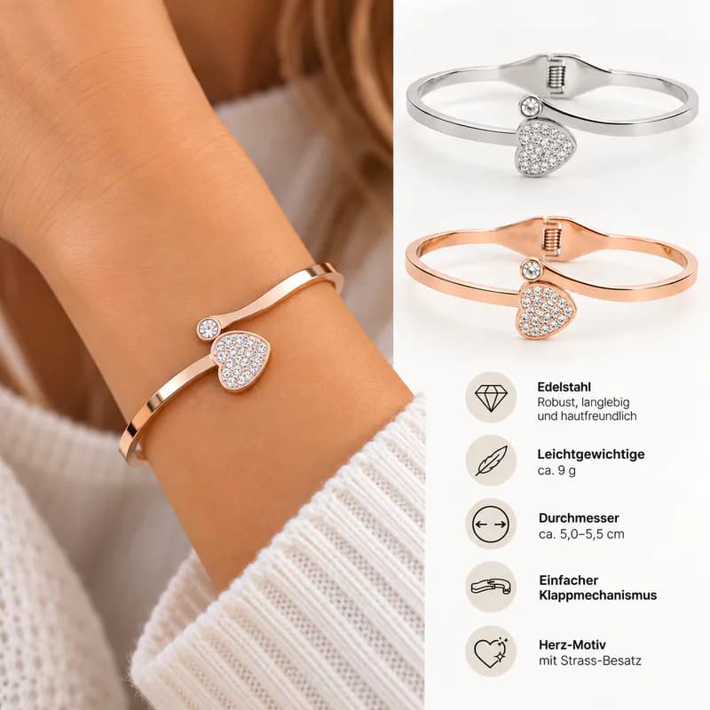 Armreif Edelstahl mit Strass & Herz Design Damen Schmuck Klappverschluss Armband