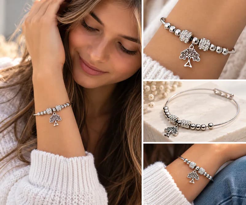 Damen Armreif Edelstahl Lebensbaum Anhänger Armband Strass Kugel Geschenk Idee