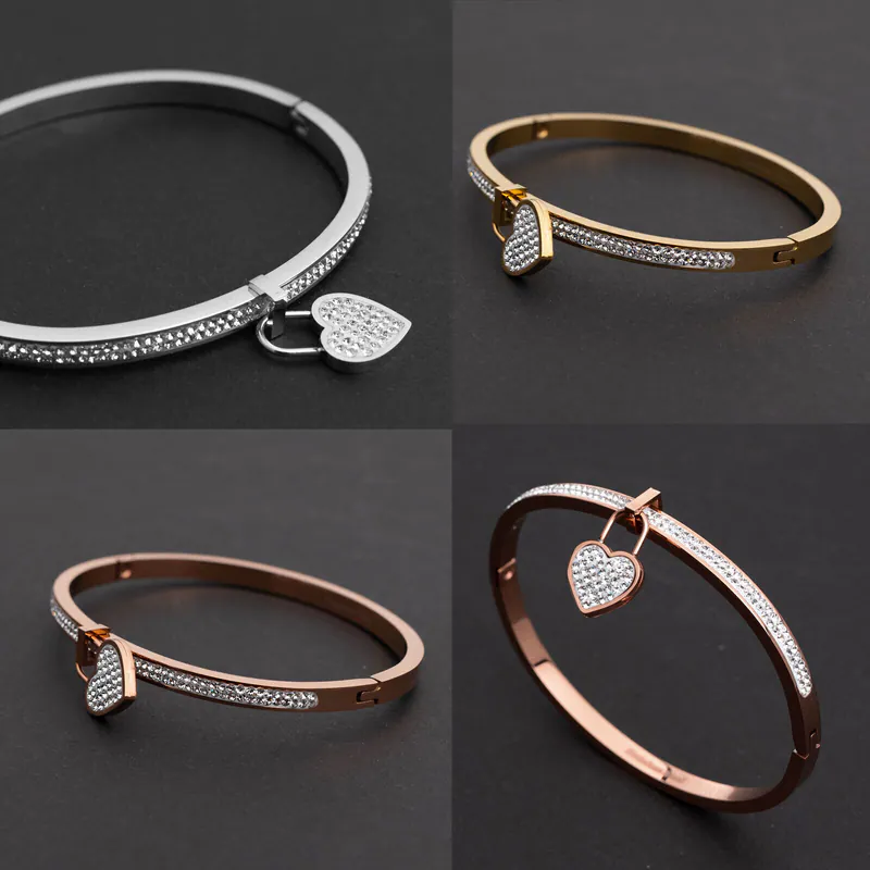 Edelstahl Armband mit Herzschloss Strass Geschenk für Frauen funkelnder Armreif