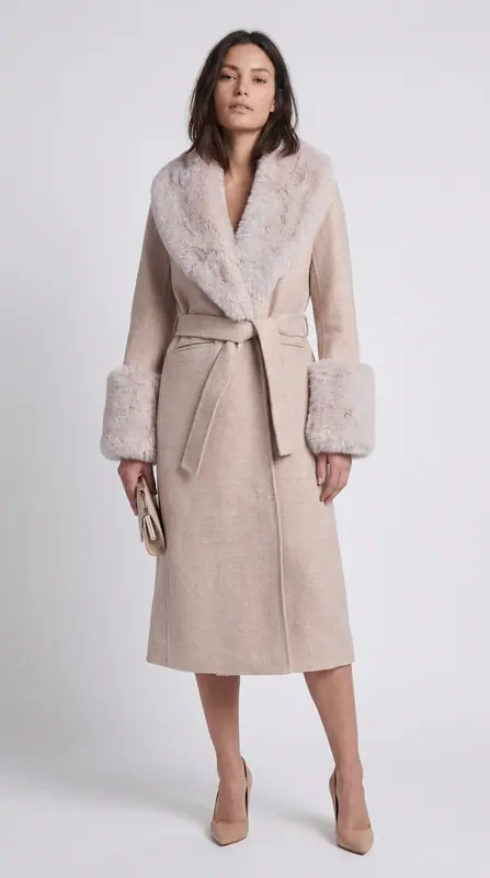 Maje Mantel Beige Wolle Fell Lang Gr. 36 FR Damen MFPOU00696