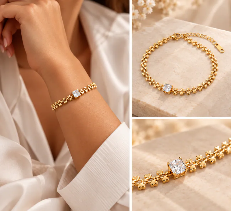 Edelstahl Armband Damen Goldfarben mit kleine Herzchen Herz Strass Armkette