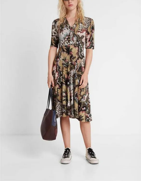 Desgual Women's Dress Floral Midi Fit & Flare Strechy Size S 19WWVK66