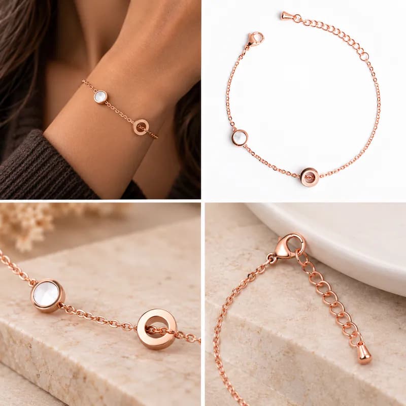 Damen Zartes Armband Edelstahl Roségoldfarben Armkette runde Schmucksteine