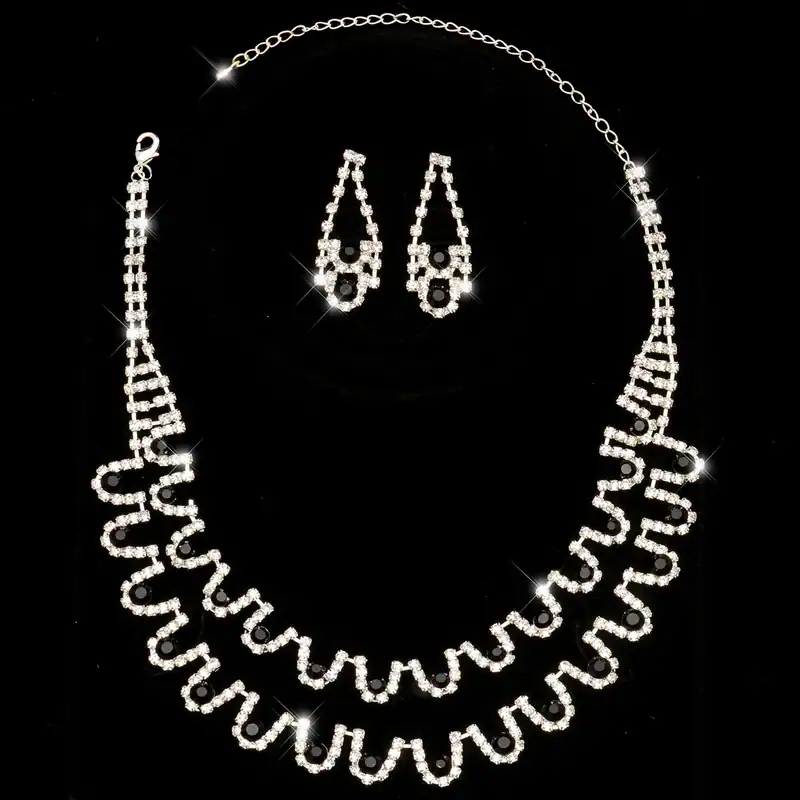 Schmuckset Hochzeit Brautschmuck Collier Ohrringe Schwarze Strasssteine Edel Neu