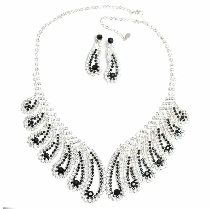 Edles Collier Schmuckset Ohrringe Schwarz Strass extravagantes großes Design Neu