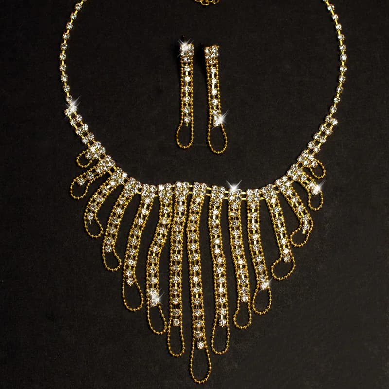 Schmuckset Collier Halskette Ohrringe Strass Goldfarben Brautschmuck Modeschmuck