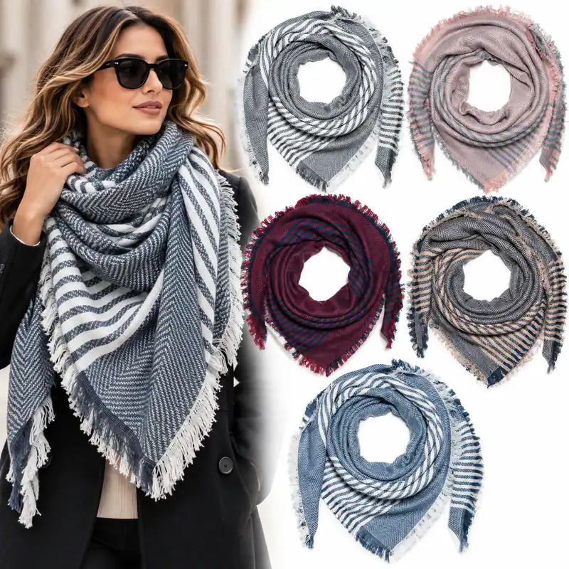 XXL Damen Schal Winterschal Streifen Muster Fransen Stola Schultertuch Poncho