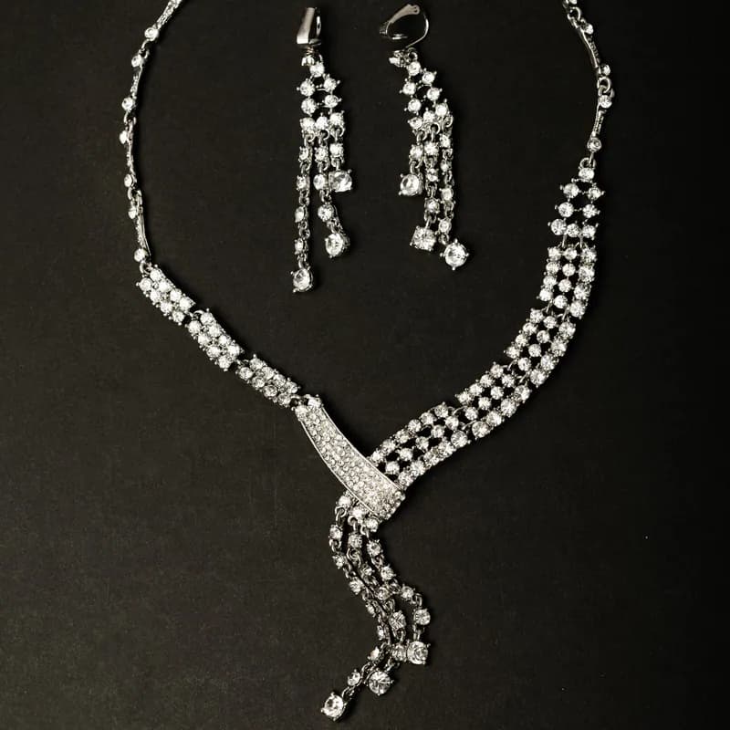 Schmuckset Collier Ohrringe Brautschmuck Y Kette Halskette Silberfarben Strass