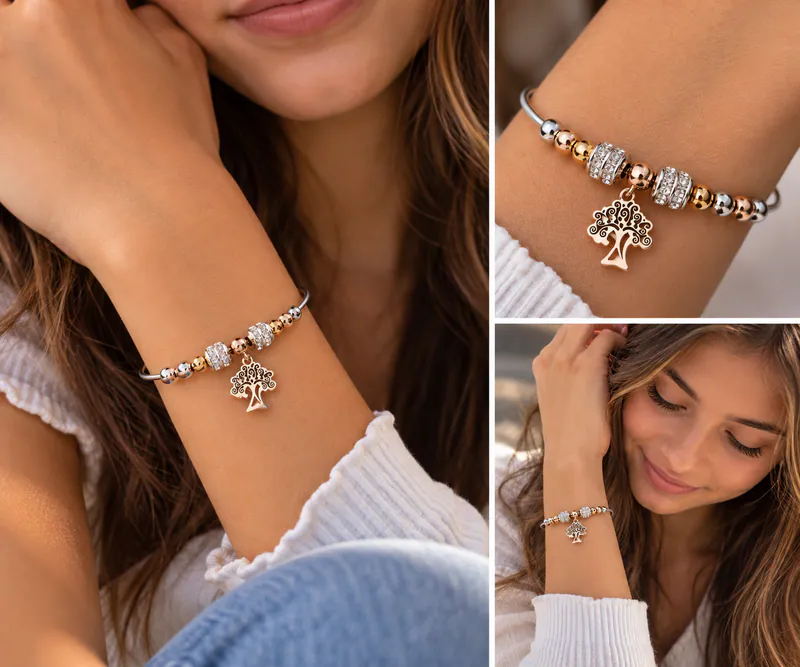 Damen Armreif Edelstahl Lebensbaum Anhänger Armband Strass Kugel Geschenk Idee