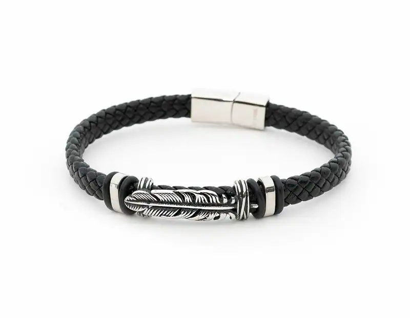 Lederarmband Herren Schwarz geflochten Edelstahl Feder Armband Magnetverschluss