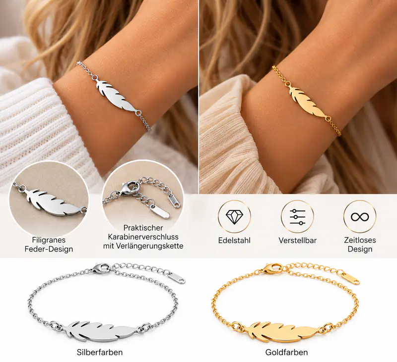 Edelstahl Armband Damen Feder Anhänger verstellbar Armkette Silber & Goldfarben