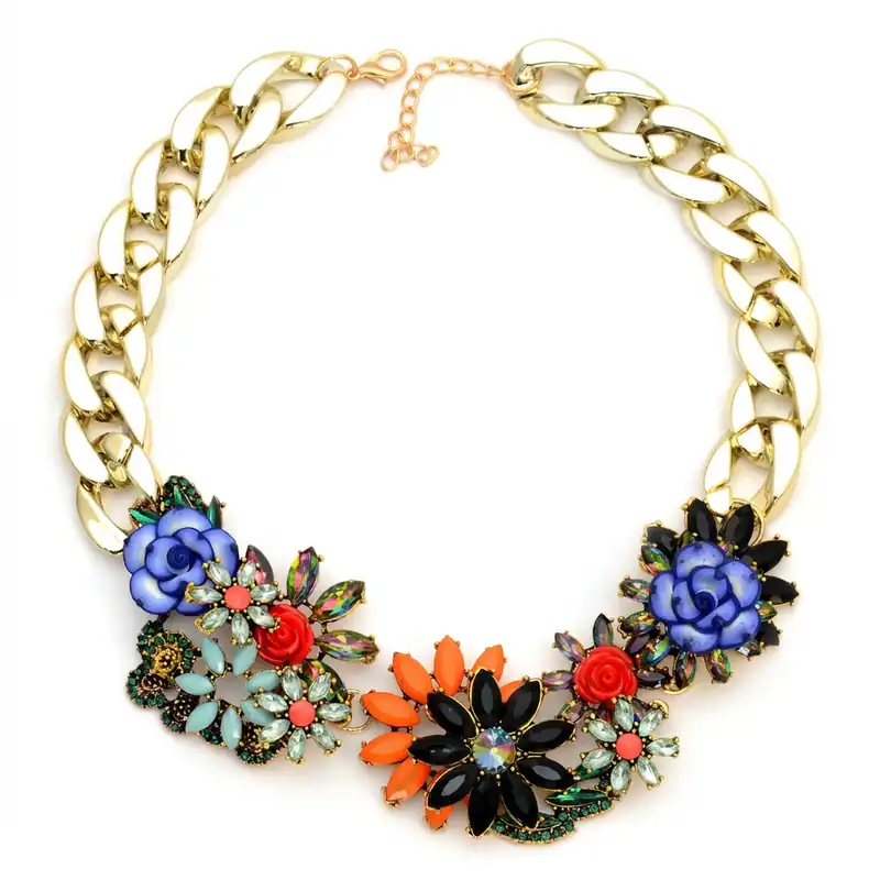 Statement Kette Rosen Collier Blumen Strass bunte Halskette Abendmode Party Look