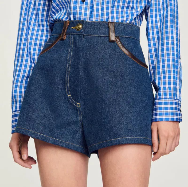 Sandro Damen Denim-Shorts Blau Lederdetails Größe 36 FR SFPSH00402