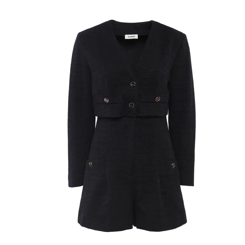 Sandro Jumpsuit Schwarz Langarm Tweed Gr. 34 FR Damen FPCO00225
