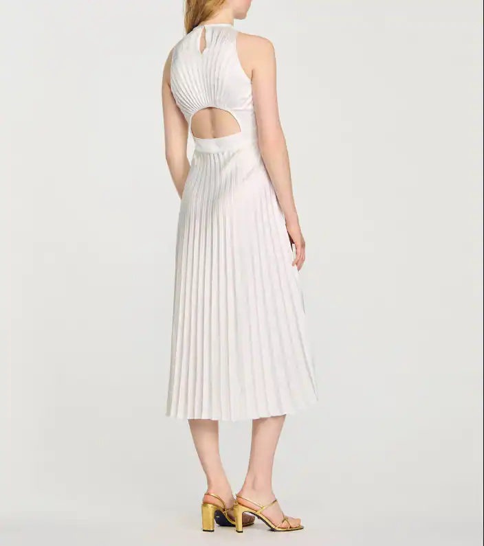 Sandro Kleid Ecru Gr. 36 FR Damen Plissee Rückenfrei Lang SFPRO03794