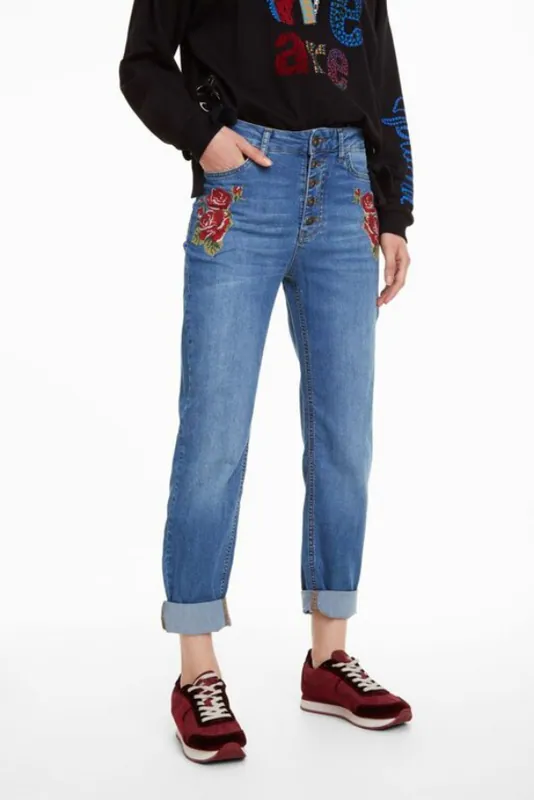 Desigual Damen Mom Jeans Bestickt Floral Blau 26 18WWDD47