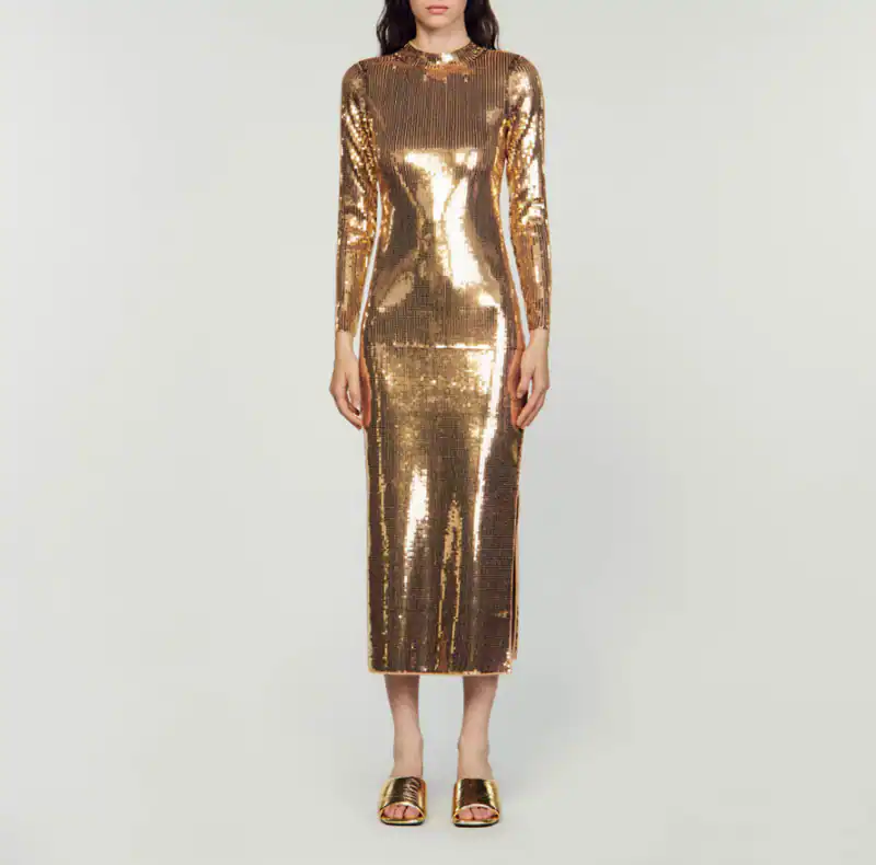 Sandro Damen Kleid Gold Pailletten Rückenausschnitt Maxikleid Gr. 34 XS